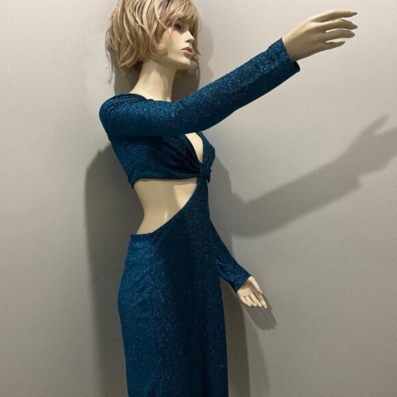 LULU'S magical sparkly blue deep V-neck & CUT-OUT BACK bodycon dress NWT size M - Picture 4 of 13